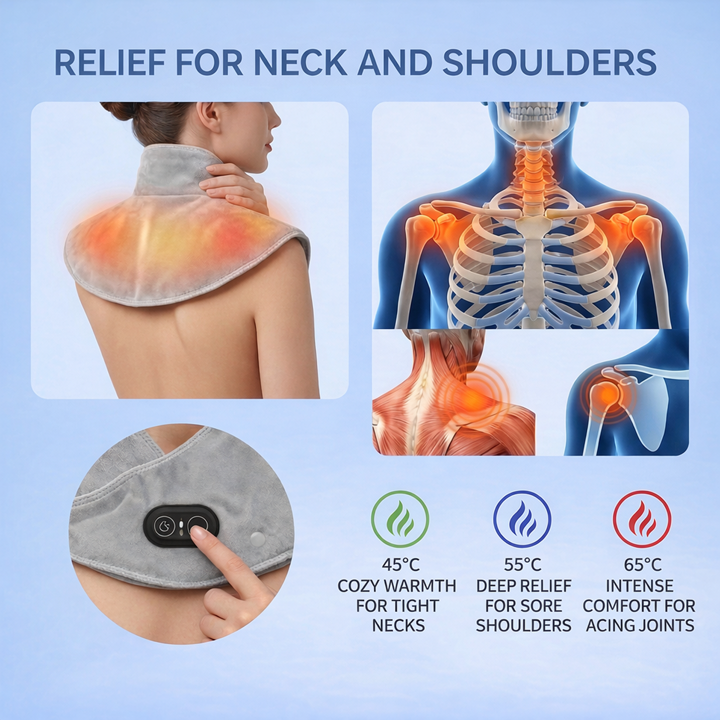 Neck and shoulder warmer pad helping relax tight muscles