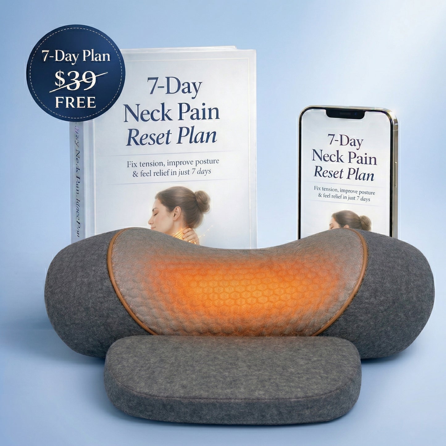 Premium neck massager with heat therapy bundled with a 7-day neck reset plan ebook. Improve posture, reduce tension, and support daily recovery at home.